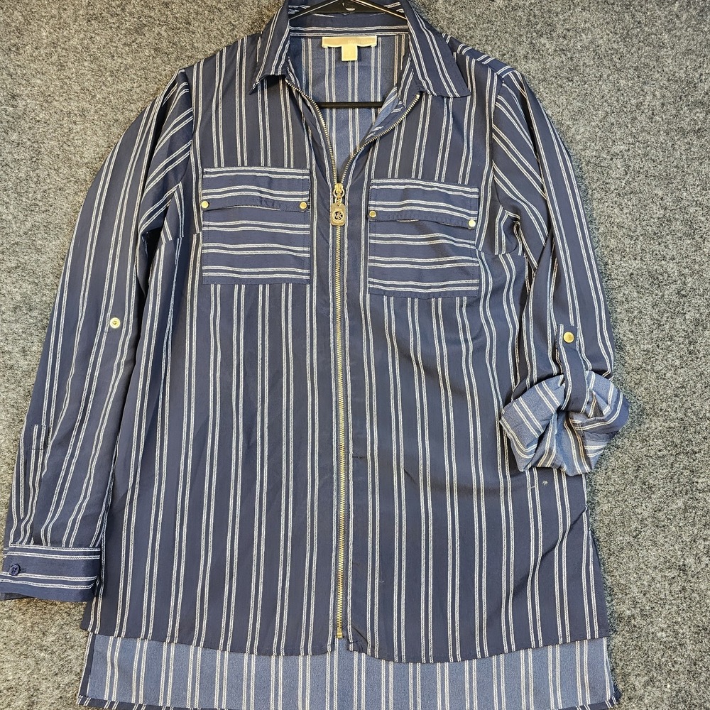Michael Kors Women's Small Blue Striped Full Zip Up Shirt Blouse Gold Hardware